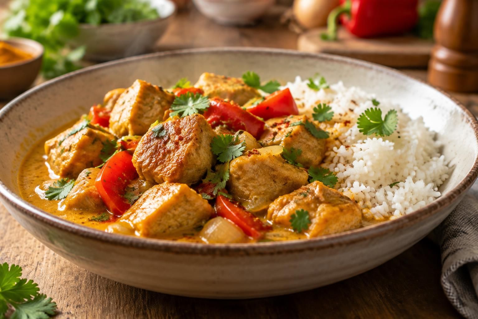 découvrez un délicieux sauté de porc au curry, facile à préparer et plein de saveurs. une recette conviviale idéale pour régaler toute la famille.